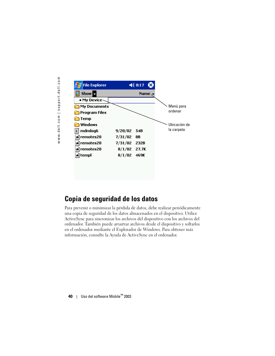 Copia de seguridad de los datos | Dell AXIM X3 User Manual | Page 40 / 158