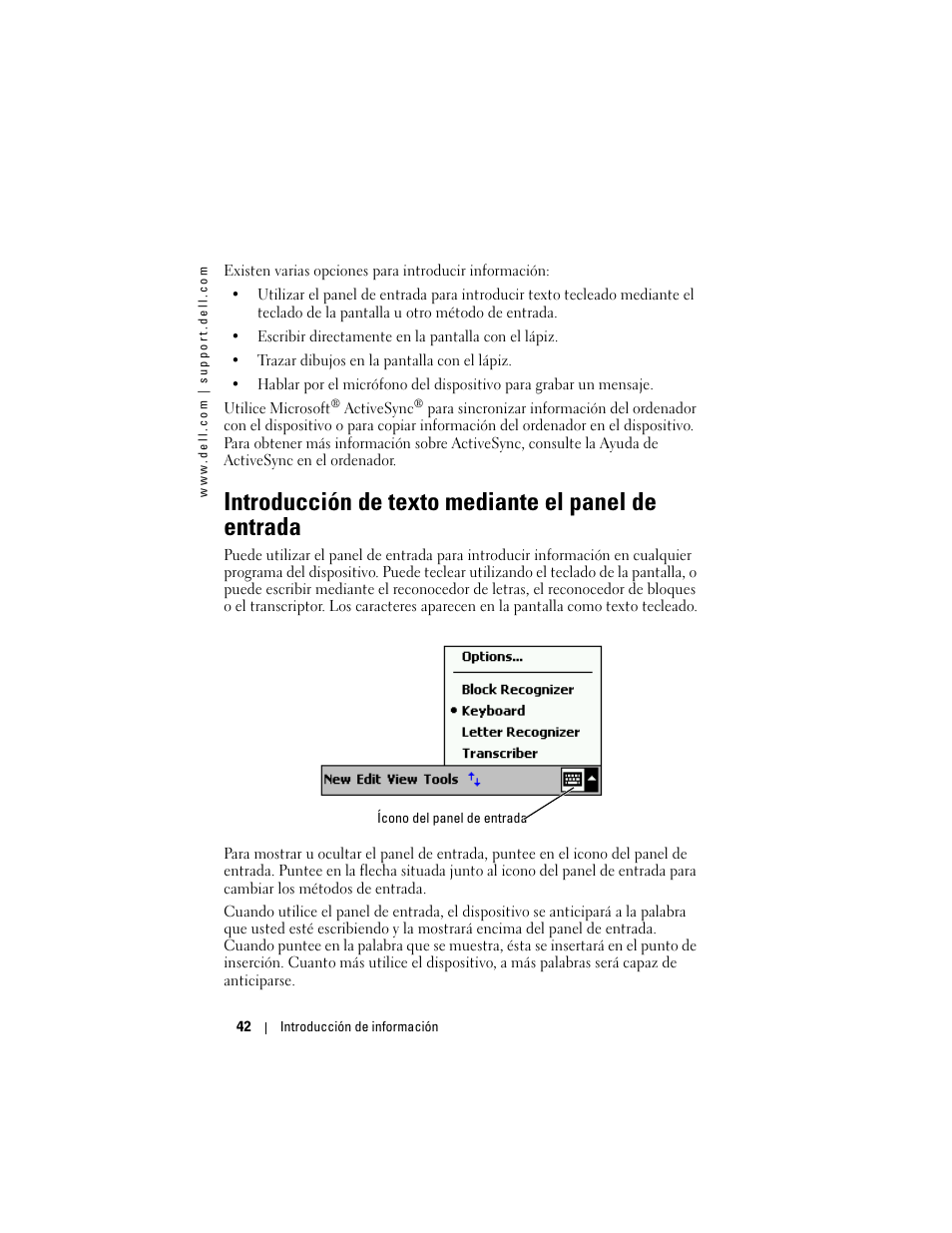 Introducción de texto mediante el panel de entrada | Dell AXIM X3 User Manual | Page 42 / 158