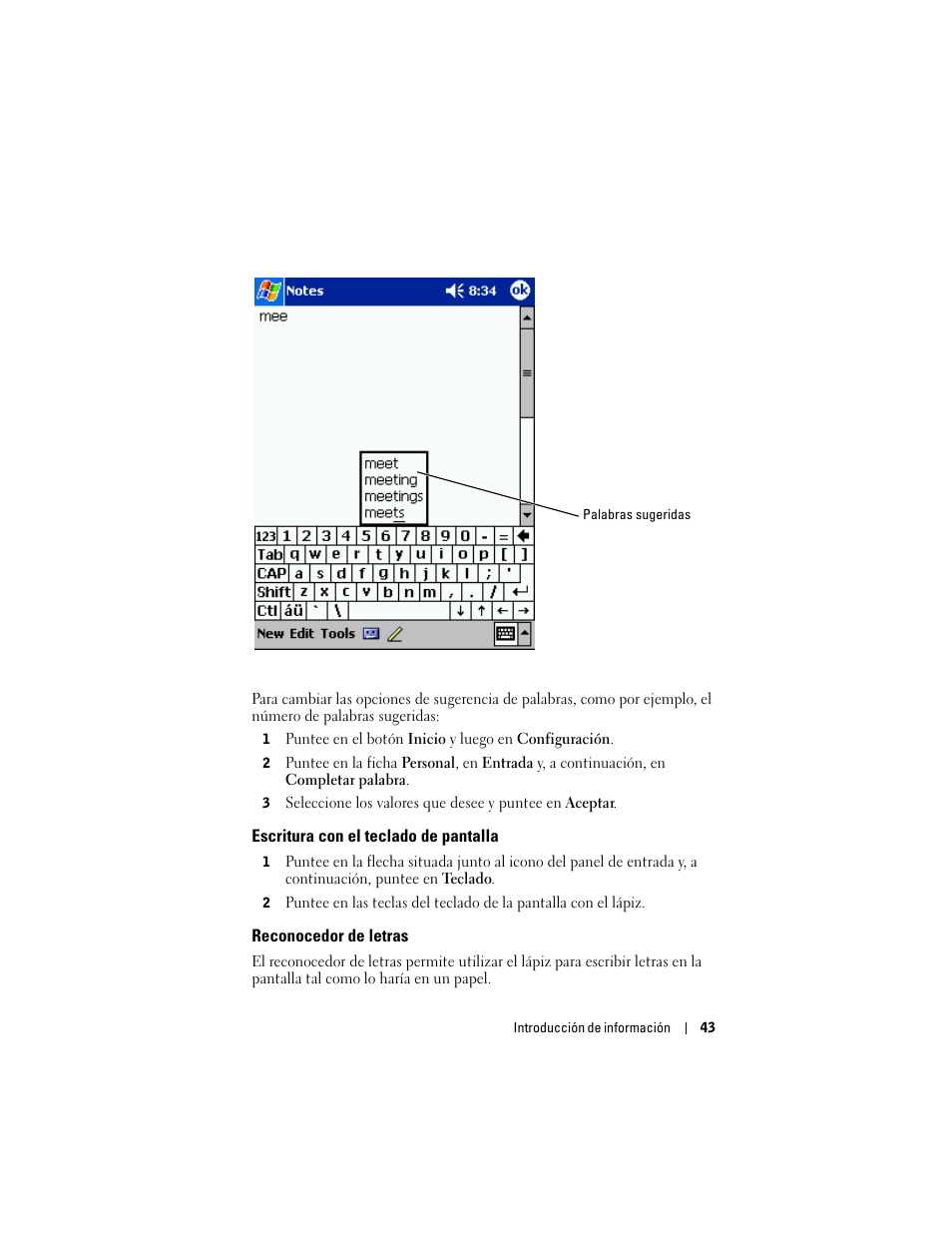 Escritura con el teclado de pantalla, Reconocedor de letras | Dell AXIM X3 User Manual | Page 43 / 158