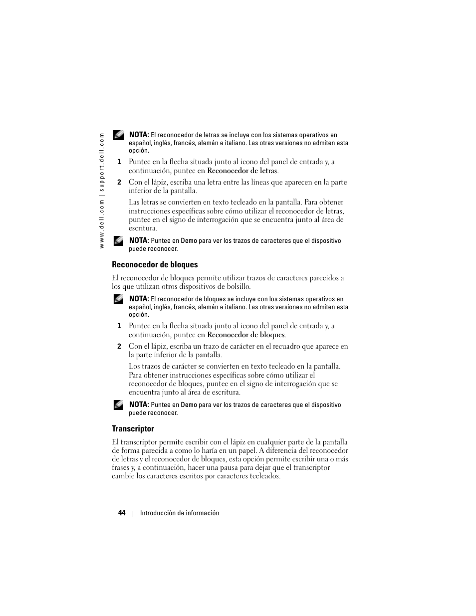 Reconocedor de bloques, Transcriptor | Dell AXIM X3 User Manual | Page 44 / 158