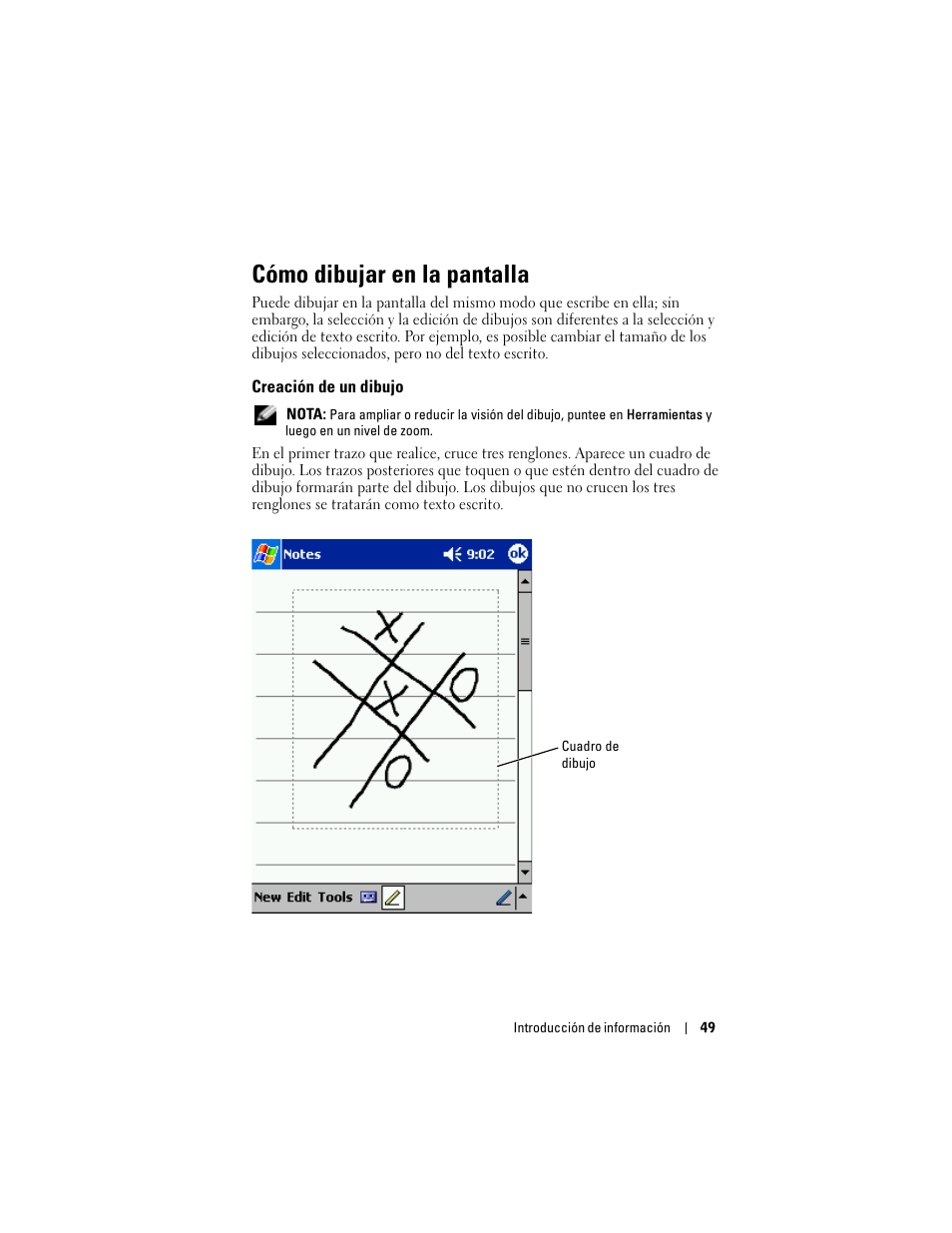 Cómo dibujar en la pantalla, Creación de un dibujo | Dell AXIM X3 User Manual | Page 49 / 158