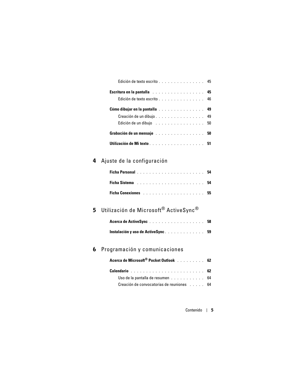 4 ajuste de la configuración, 5 utilización de microsoft, Activesync | 6 programación y comunicaciones | Dell AXIM X3 User Manual | Page 5 / 158