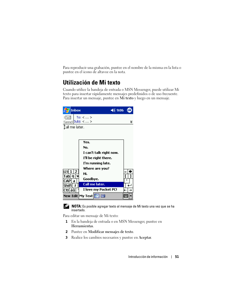 Utilización de mi texto | Dell AXIM X3 User Manual | Page 51 / 158