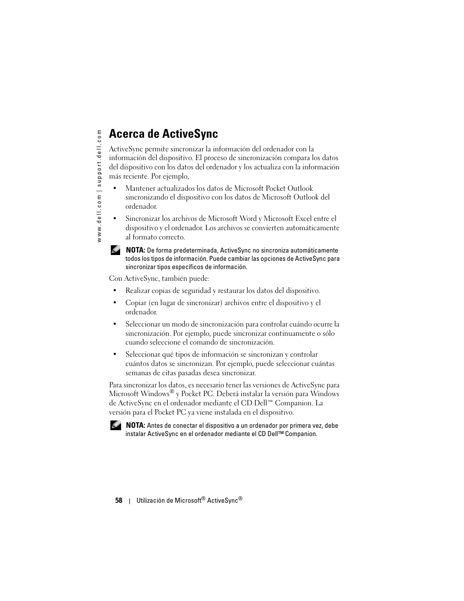 Acerca de activesync | Dell AXIM X3 User Manual | Page 58 / 158