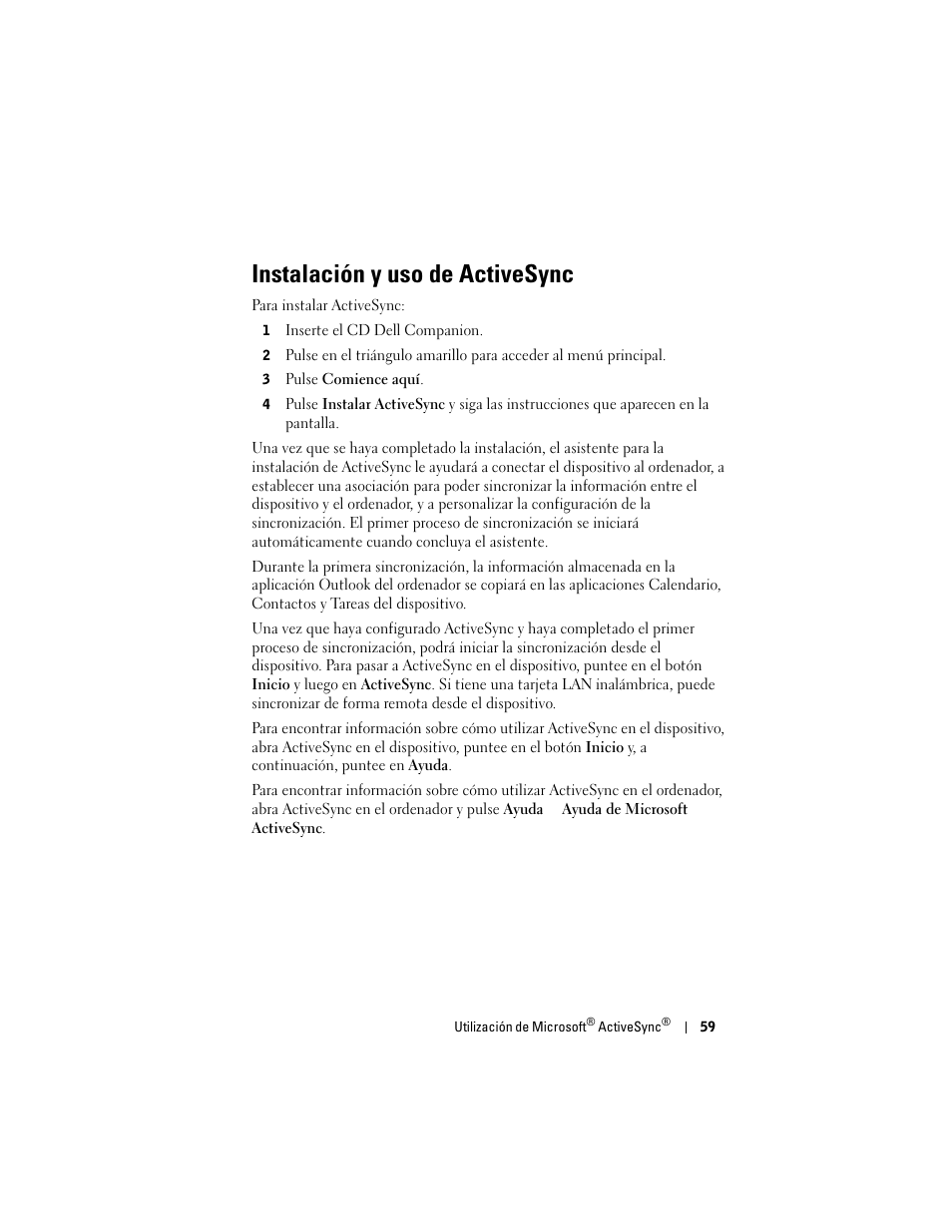 Instalación y uso de activesync | Dell AXIM X3 User Manual | Page 59 / 158