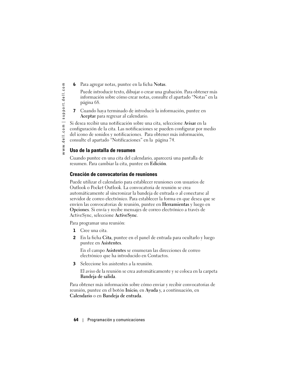 Uso de la pantalla de resumen, Creación de convocatorias de reuniones | Dell AXIM X3 User Manual | Page 64 / 158