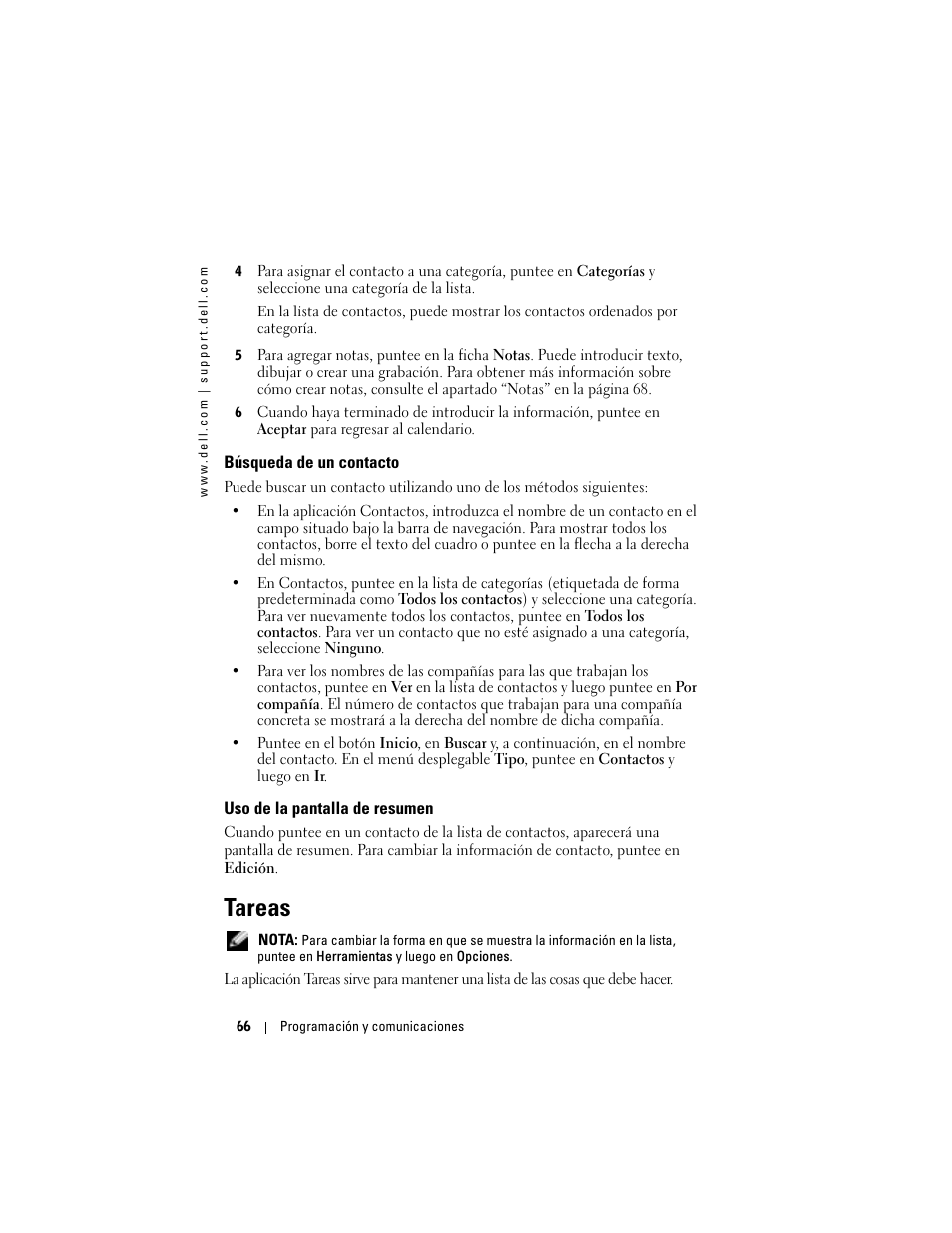 Búsqueda de un contacto, Uso de la pantalla de resumen, Tareas | Dell AXIM X3 User Manual | Page 66 / 158