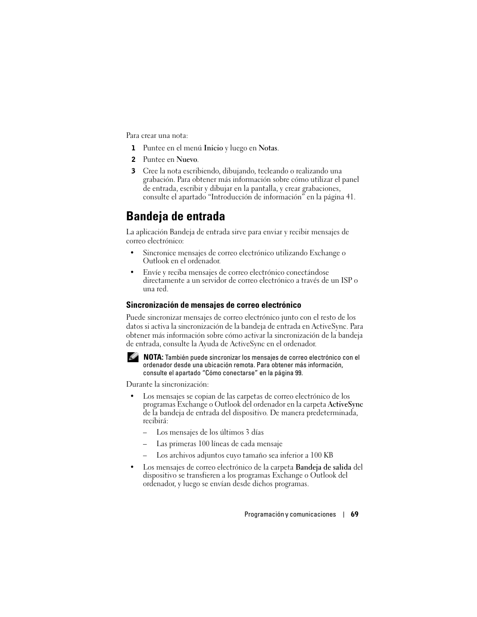 Bandeja de entrada, Sincronización de mensajes de correo electrónico | Dell AXIM X3 User Manual | Page 69 / 158