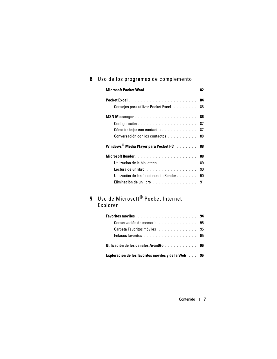 8 uso de los programas de complemento, 9 uso de microsoft, Pocket internet explorer | Dell AXIM X3 User Manual | Page 7 / 158