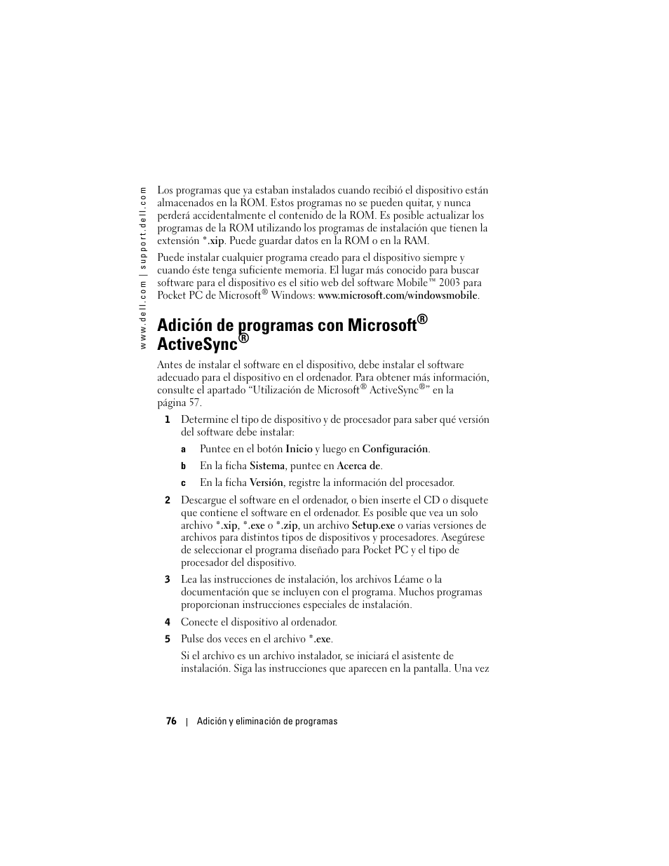 Adición de programas con microsoft® activesync, Adición de programas con microsoft, Activesync | Dell AXIM X3 User Manual | Page 76 / 158