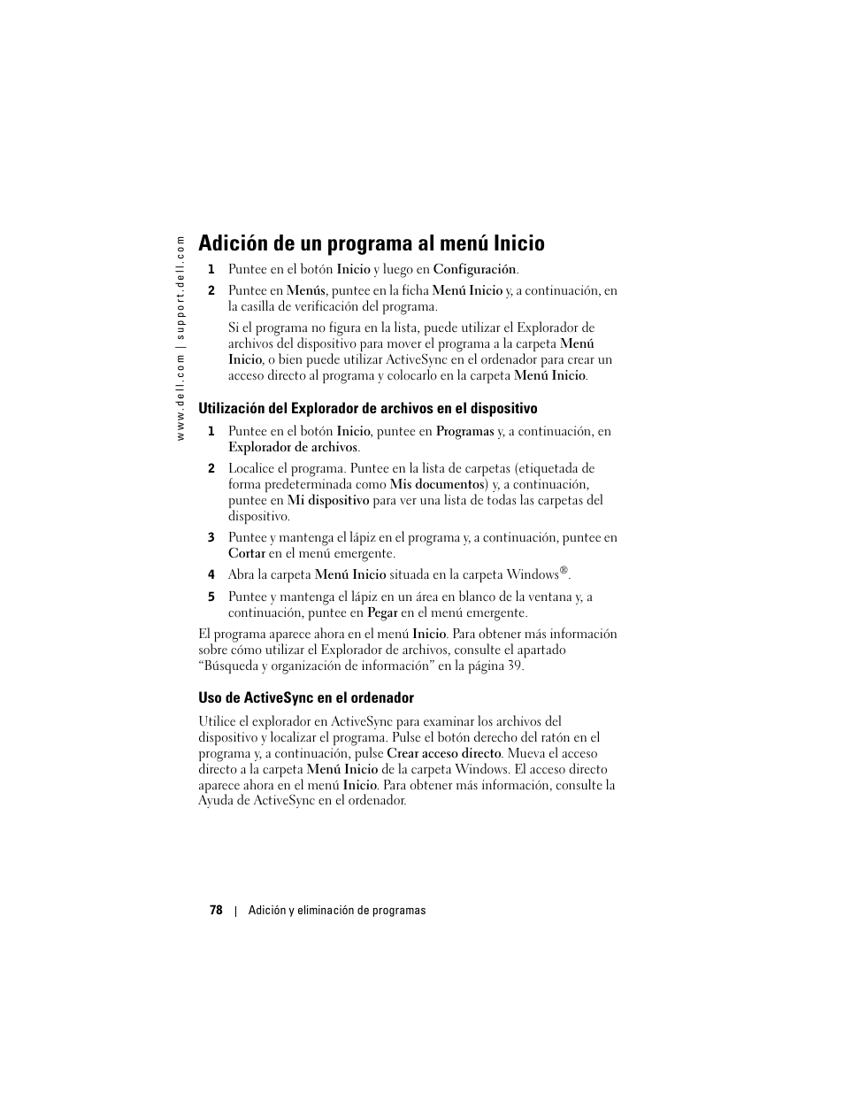 Adición de un programa al menú inicio, Uso de activesync en el ordenador | Dell AXIM X3 User Manual | Page 78 / 158