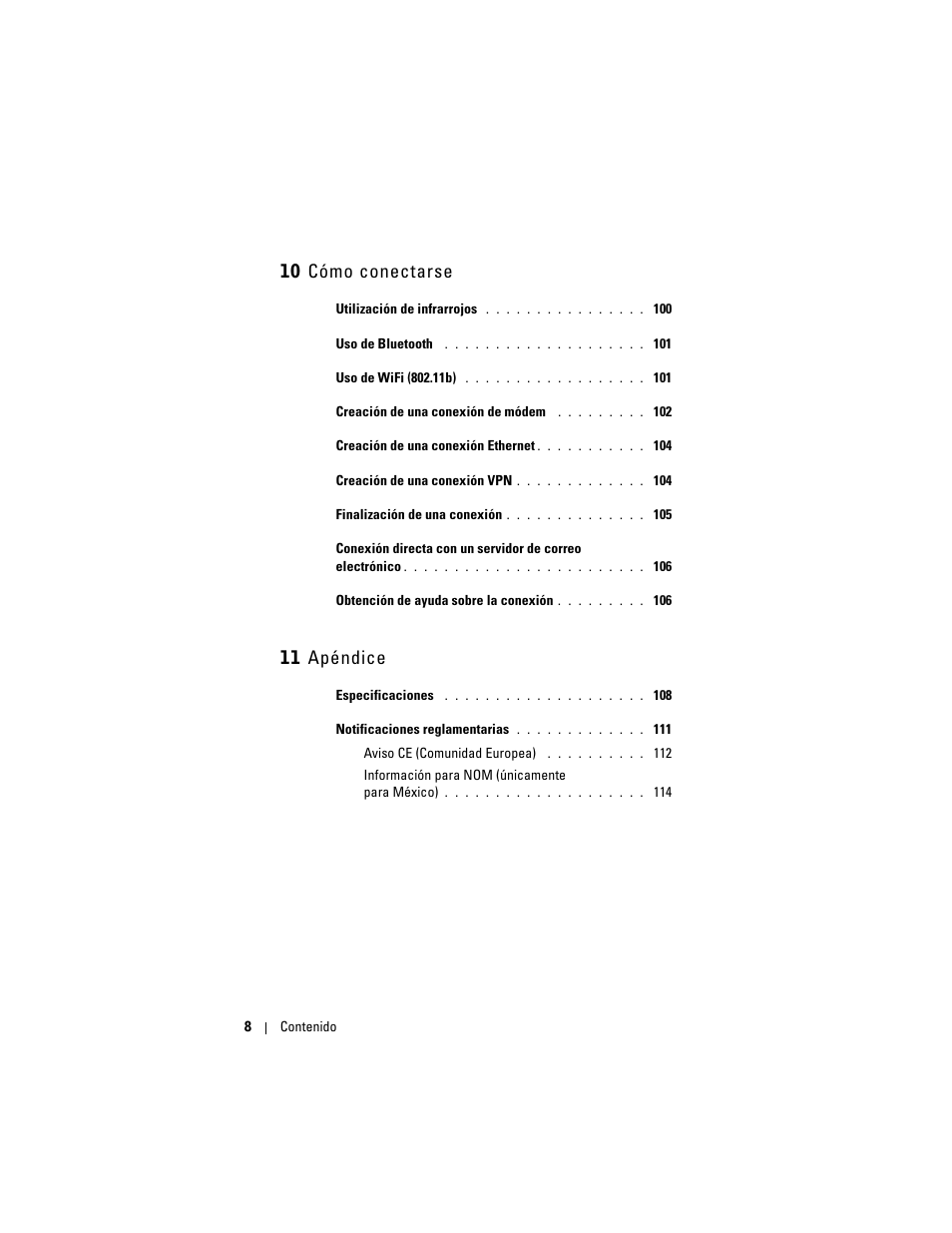 10 cómo conectarse, 11 apéndice | Dell AXIM X3 User Manual | Page 8 / 158