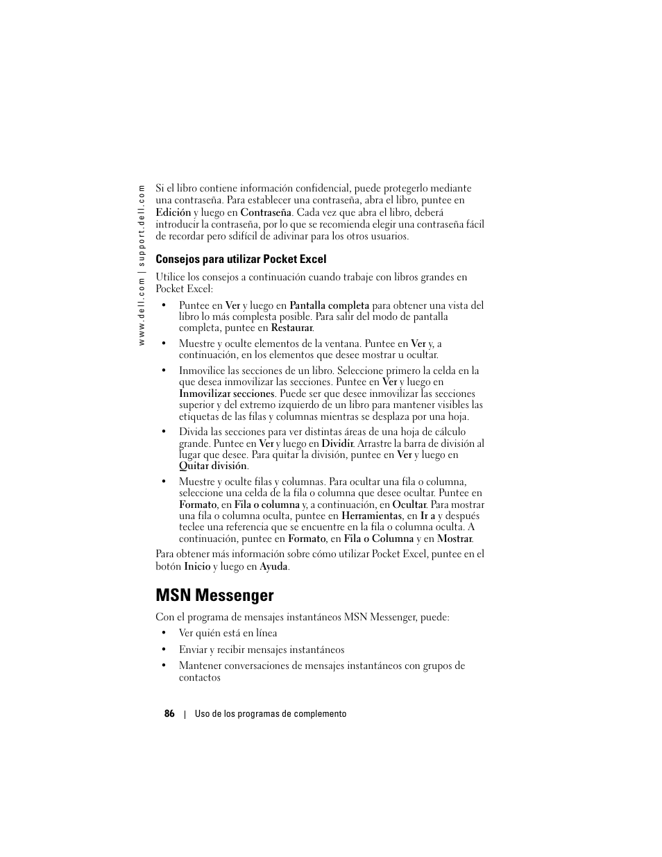 Consejos para utilizar pocket excel, Msn messenger | Dell AXIM X3 User Manual | Page 86 / 158