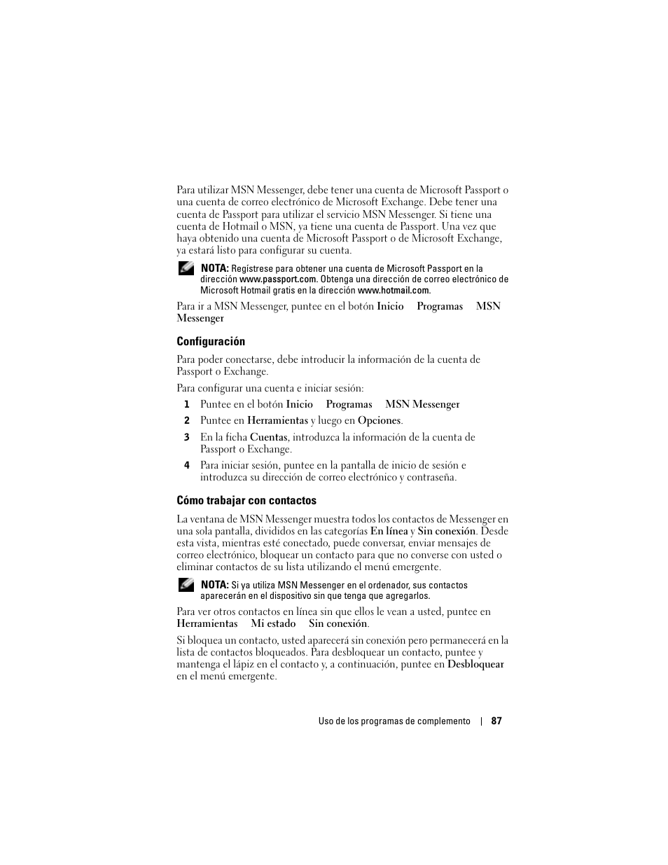 Configuración, Cómo trabajar con contactos | Dell AXIM X3 User Manual | Page 87 / 158