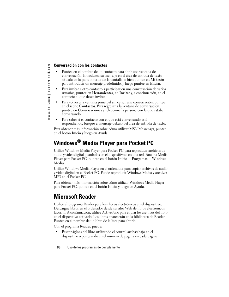 Conversación con los contactos, Windows® media player para pocketpc, Microsoft reader | Windows, Media player para pocket pc | Dell AXIM X3 User Manual | Page 88 / 158