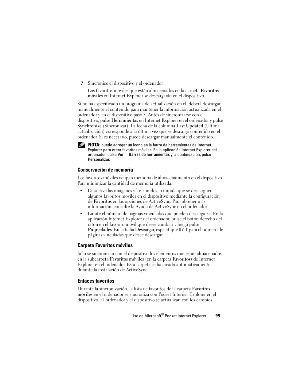 Conservación de memoria, Carpeta favoritos móviles, Enlaces favoritos | Dell AXIM X3 User Manual | Page 95 / 158