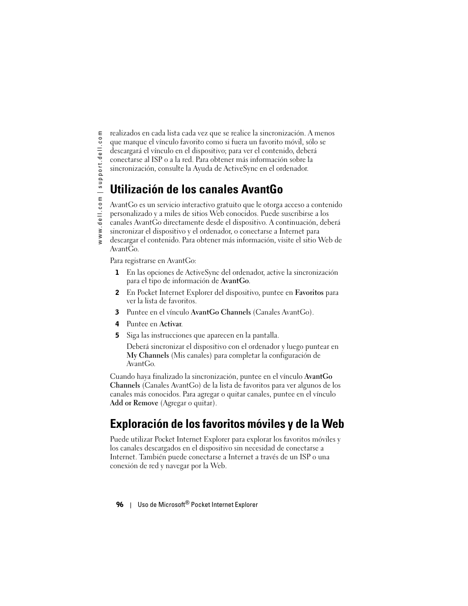 Utilización de los canales avantgo, Exploración de los favoritos móviles y de la web | Dell AXIM X3 User Manual | Page 96 / 158