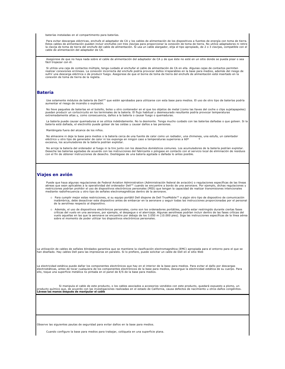 Cuando utilice la base para medios, Batería, Viajes en avión | Instrucciones emc | Dell Inspiron 300m User Manual | Page 3 / 21