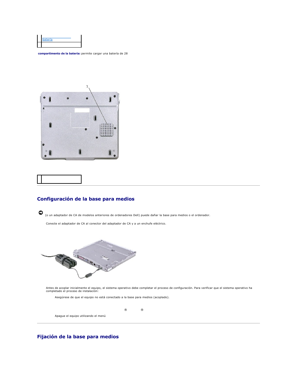 Configuración de la base para medios, Fijación de la base para medios, Fijación de la base para | Medios, Configuración de la base para, Vista inferior | Dell Inspiron 300m User Manual | Page 9 / 21