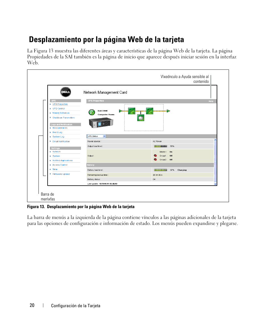 Desplazamiento por la página web de la tarjeta | Dell UPS 1000T User Manual | Page 20 / 87