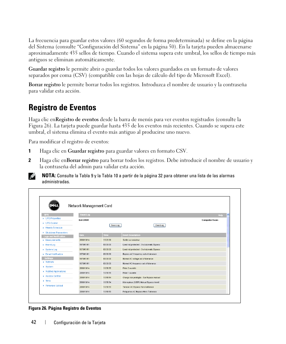 Registro de eventos | Dell UPS 1000T User Manual | Page 42 / 87