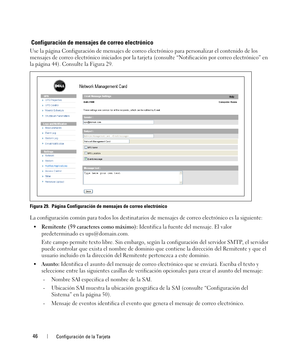 Configuración de mensajes de correo electrónico | Dell UPS 1000T User Manual | Page 46 / 87