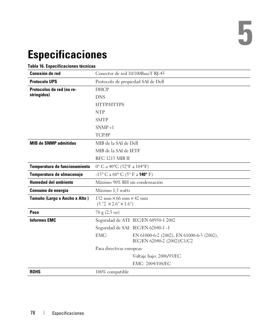 Especificaciones | Dell UPS 1000T User Manual | Page 78 / 87