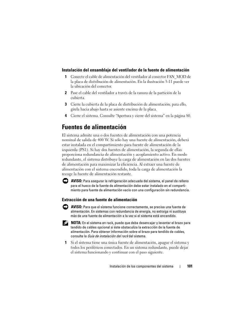Fuentes de alimentación, Extracción de una fuente de alimentación | Dell PowerEdge R300 User Manual | Page 101 / 210