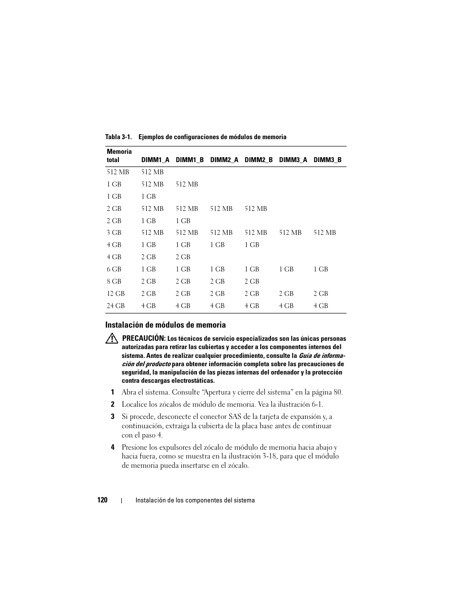 Instalación de módulos de memoria | Dell PowerEdge R300 User Manual | Page 120 / 210