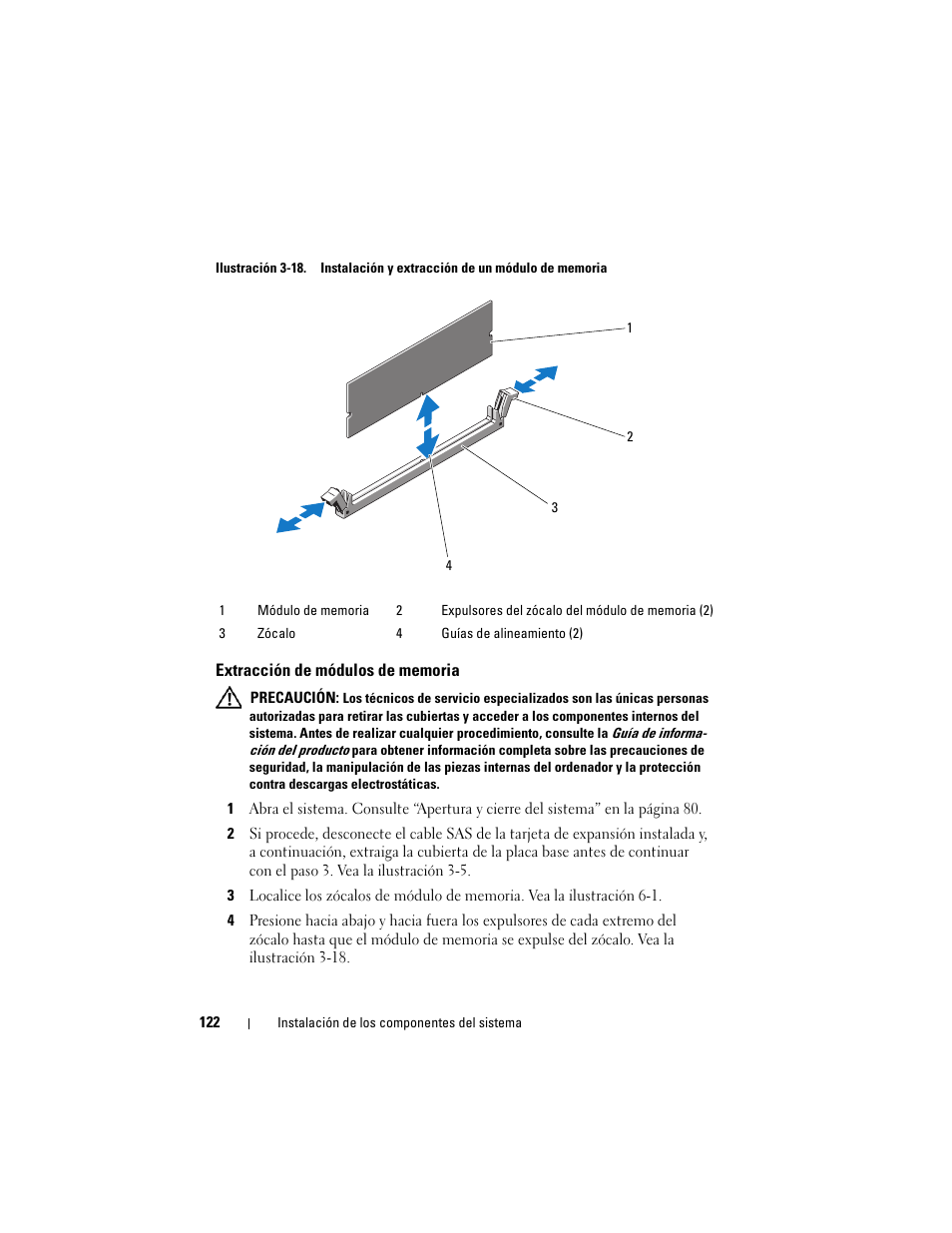 Extracción de módulos de memoria | Dell PowerEdge R300 User Manual | Page 122 / 210