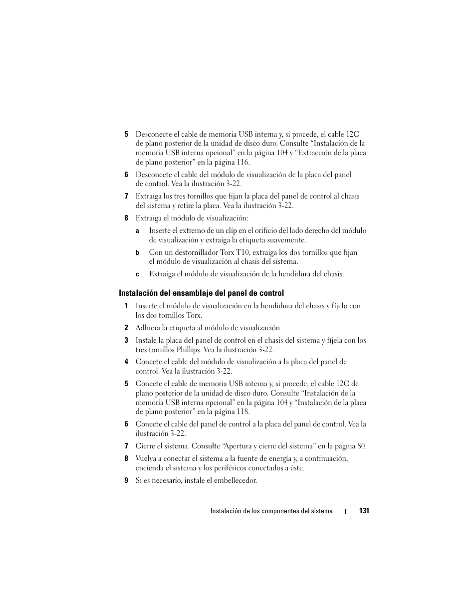 Instalación del ensamblaje del panel de control | Dell PowerEdge R300 User Manual | Page 131 / 210