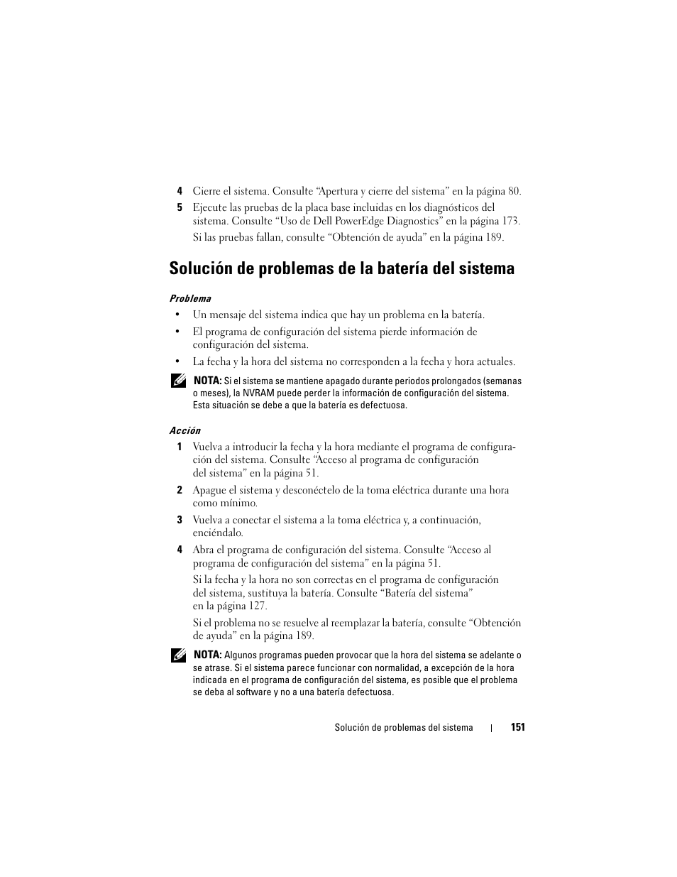 Solución de problemas de la batería del sistema | Dell PowerEdge R300 User Manual | Page 151 / 210