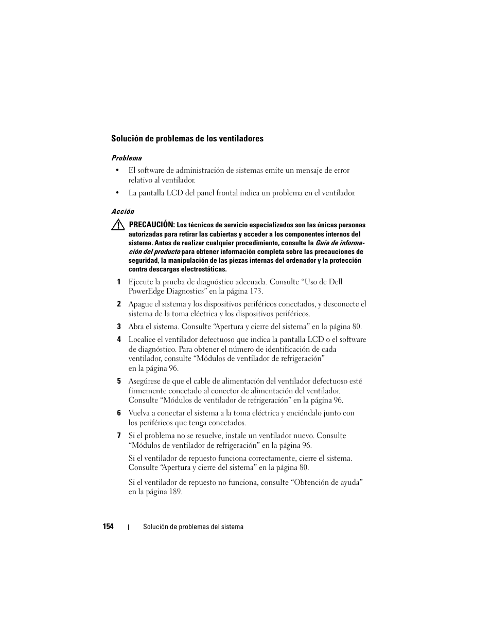 Solución de problemas de los ventiladores | Dell PowerEdge R300 User Manual | Page 154 / 210