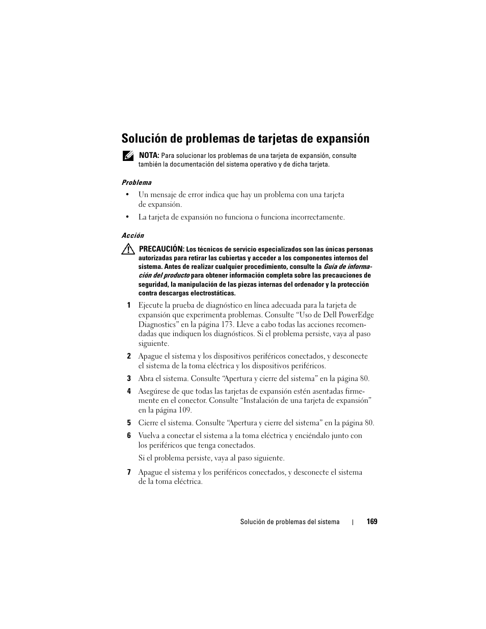 Solución de problemas de tarjetas de expansión | Dell PowerEdge R300 User Manual | Page 169 / 210