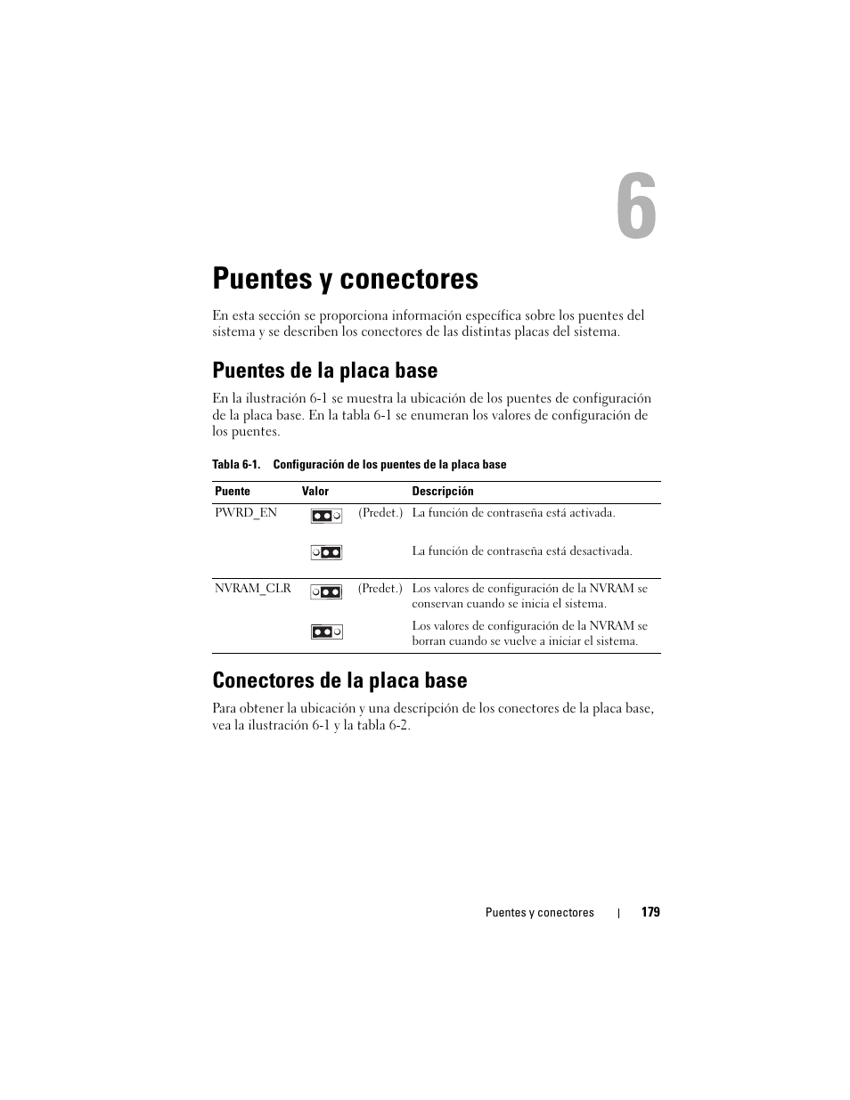 Puentes y conectores, Puentes de la placa base, Conectores de la placa base | Nsulte “conectores de la placa base | Dell PowerEdge R300 User Manual | Page 179 / 210