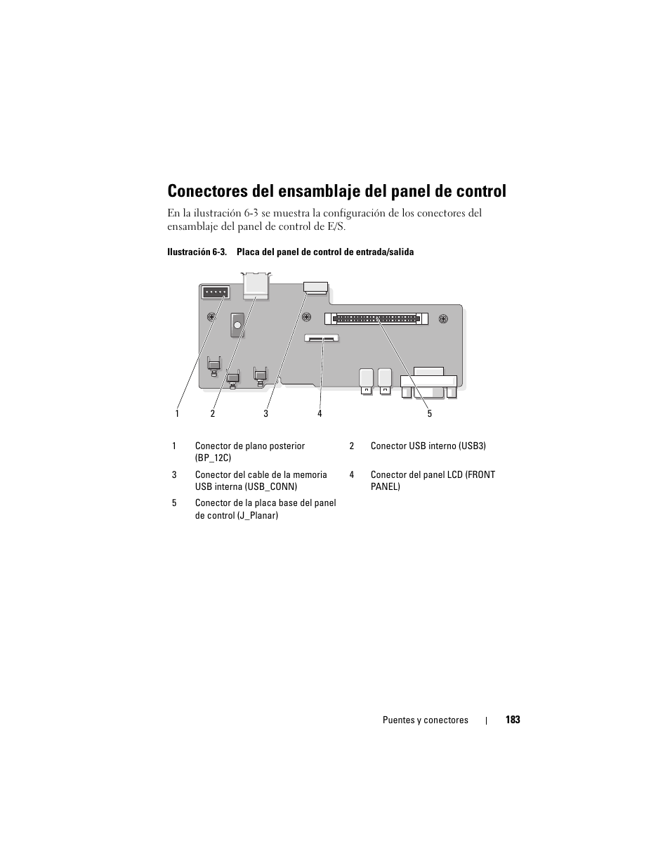 Conectores del ensamblaje del panel de control, Ilustración 6-3) | Dell PowerEdge R300 User Manual | Page 183 / 210