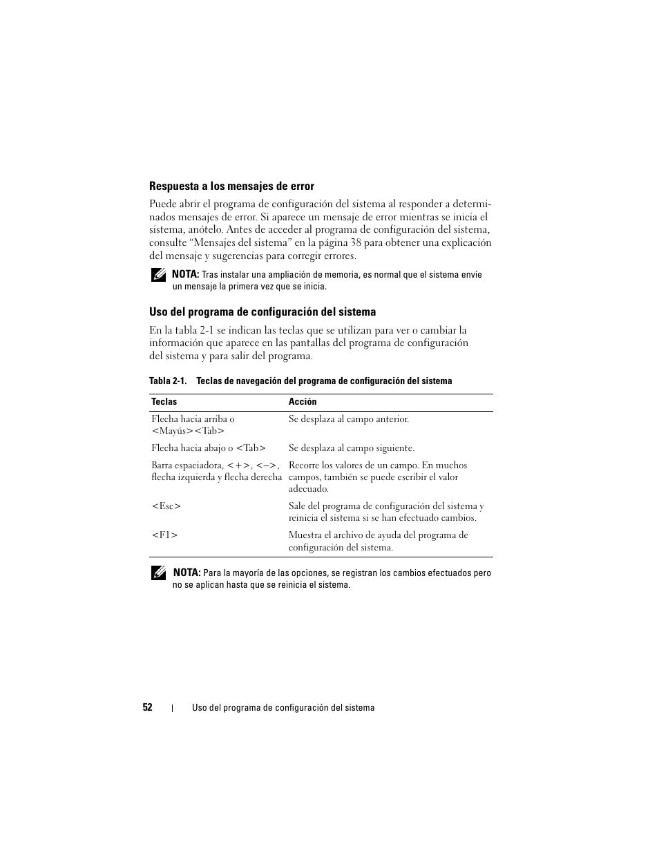 Respuesta a los mensajes de error, Uso del programa de configuración del sistema | Dell PowerEdge R300 User Manual | Page 52 / 210