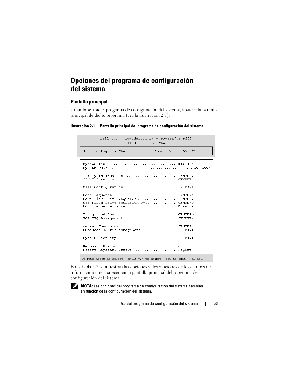 Opciones del programa de configuración del sistema, Pantalla principal | Dell PowerEdge R300 User Manual | Page 53 / 210