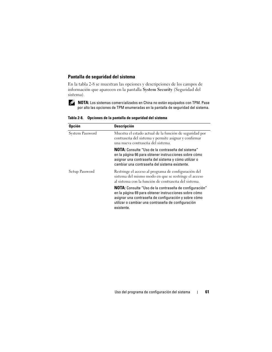Pantalla de seguridad del sistema | Dell PowerEdge R300 User Manual | Page 61 / 210