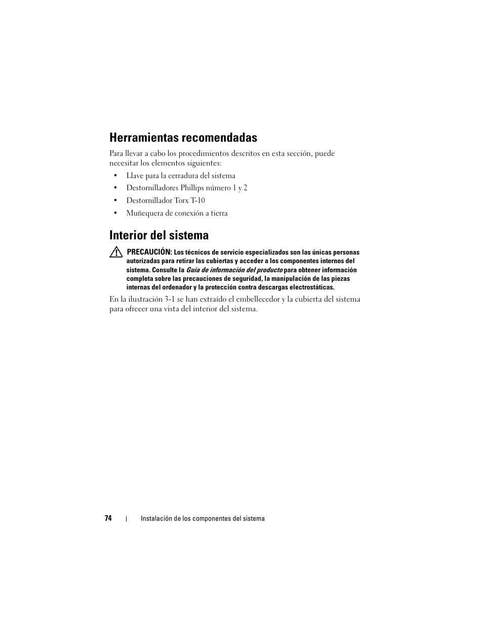 Herramientas recomendadas, Interior del sistema | Dell PowerEdge R300 User Manual | Page 74 / 210