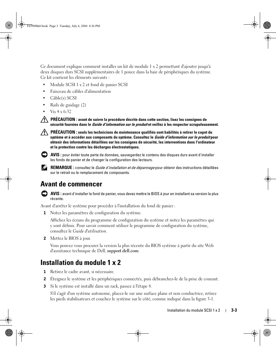 Avant de commencer, Installation du module 1 x 2 | Dell PowerEdge 2800 User Manual | Page 21 / 64