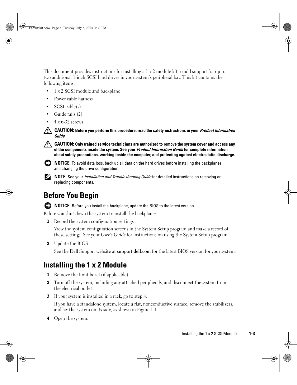 Before you begin, Installing the 1 x 2 module | Dell PowerEdge 2800 User Manual | Page 5 / 64