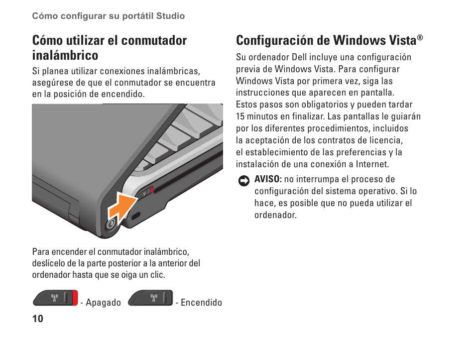 Cómo utilizar el conmutador inalámbrico, Configuración de windows vista | Dell Studio 1435 (Late 2008) User Manual | Page 10 / 84