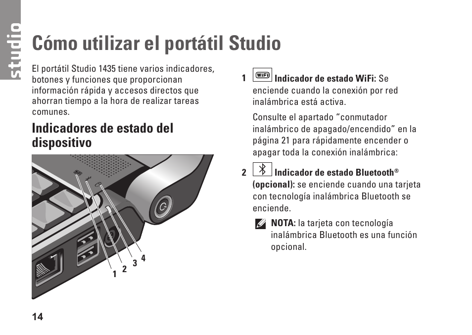 Cómo utilizar el portátil studio, Indicadores de estado del dispositivo | Dell Studio 1435 (Late 2008) User Manual | Page 14 / 84