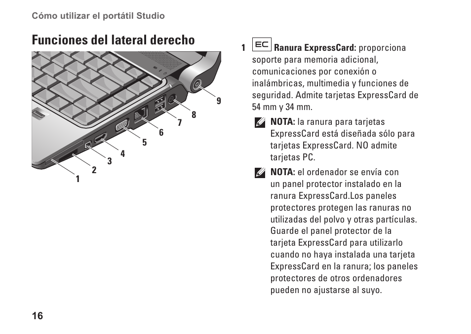 Funciones del lateral derecho | Dell Studio 1435 (Late 2008) User Manual | Page 16 / 84