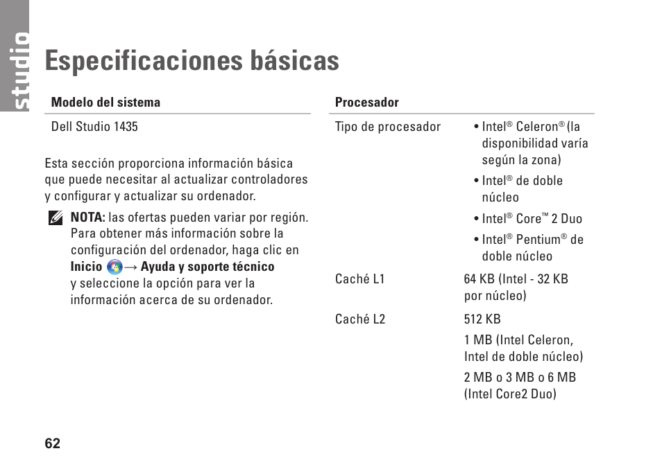 Especificaciones básicas | Dell Studio 1435 (Late 2008) User Manual | Page 62 / 84