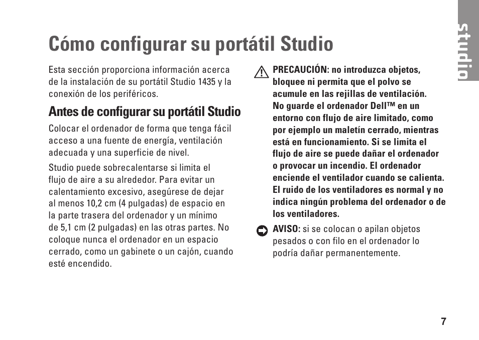 Cómo configurar su portátil studio, Antes de configurar su portátil studio | Dell Studio 1435 (Late 2008) User Manual | Page 7 / 84