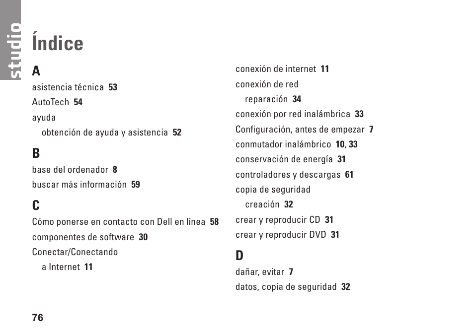 Índice | Dell Studio 1435 (Late 2008) User Manual | Page 76 / 84