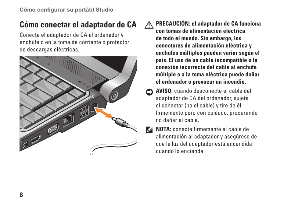 Cómo conectar el adaptador de ca | Dell Studio 1435 (Late 2008) User Manual | Page 8 / 84