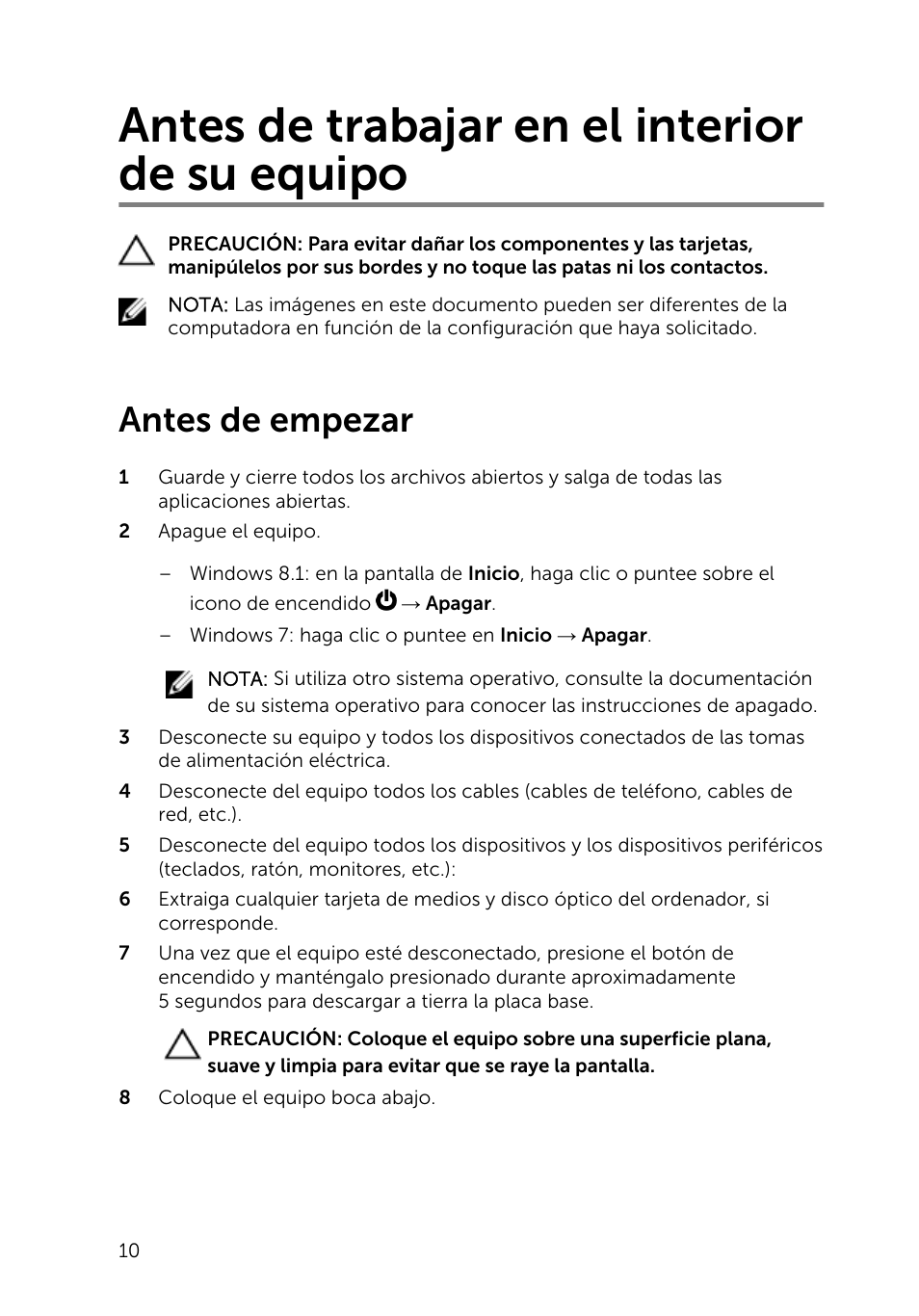 Antes de trabajar en el interior de su equipo, Antes de empezar | Dell Inspiron 23 (2350, Mid 2013) User Manual | Page 10 / 113